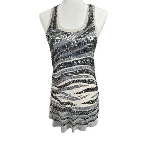 Mandee Sequin Zebra Print Tank Top Tunic Mini Dress L Silver Sheer Mesh Y2K Edgy